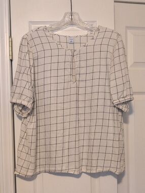 Old Navy Cream Blouse with Black Windowpane Grid